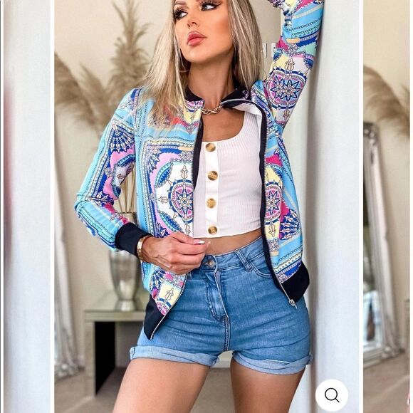 💼Light Wear Summer Bomber Jacket, Paisley Chain Print, Zip Front - Picture 5 of 13